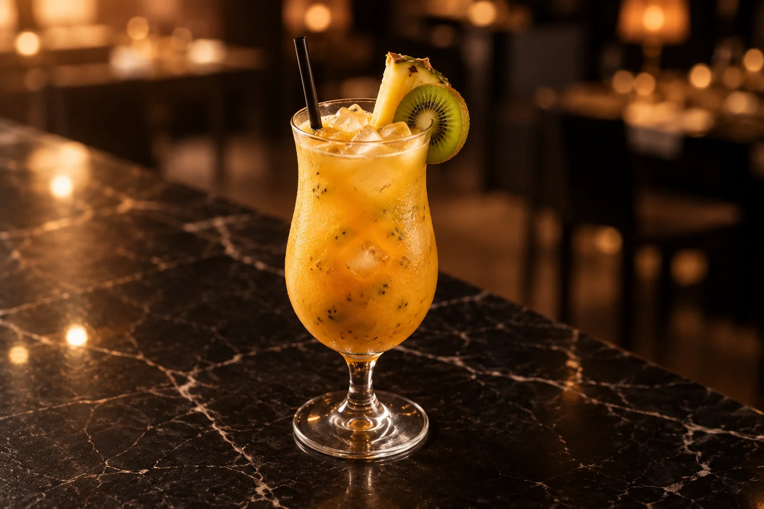A yellow-orange cocktail garnished with kiwi and pineapple, on a black marble counter.