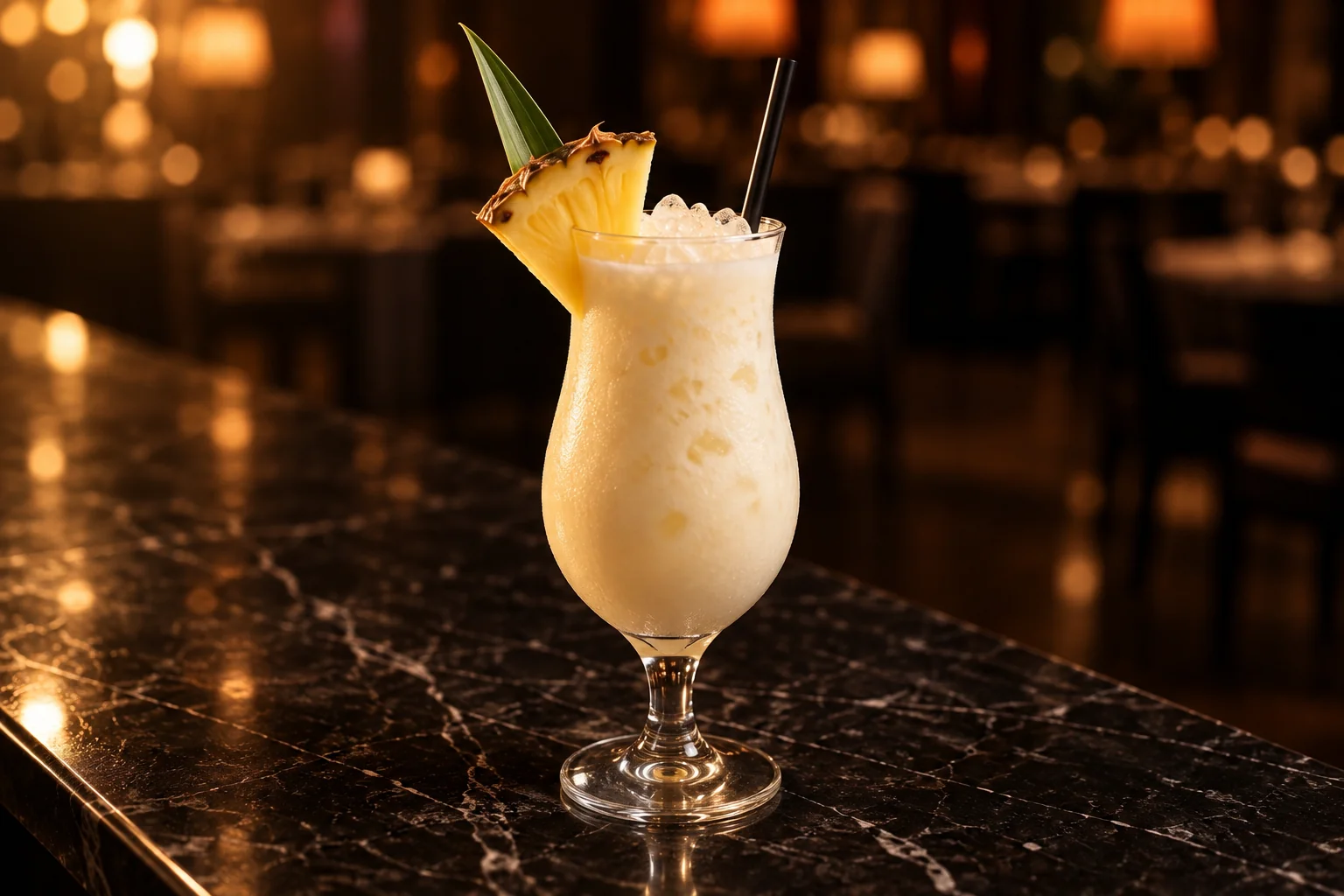A creamy white cocktail with a pineapple wedge and a green leaf, on a black marble counter.