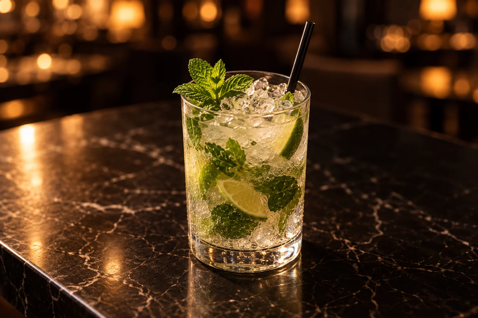 A glass filled with crushed ice, mint leaves and lime slices, on a black marble counter.