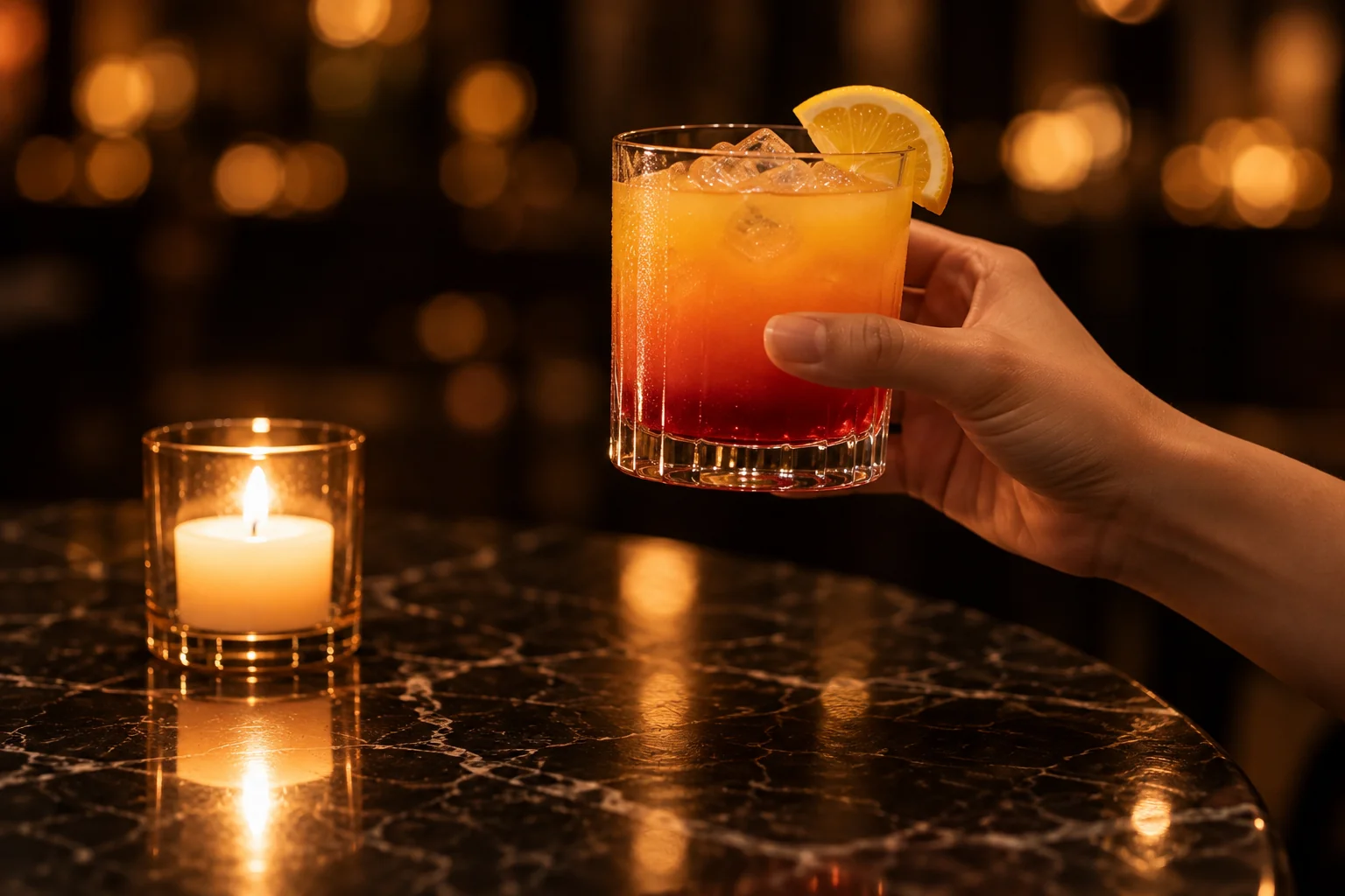 A hand holds an orange-to-red cocktail garnished with a citrus slice, near a lit candle on a black marble table.