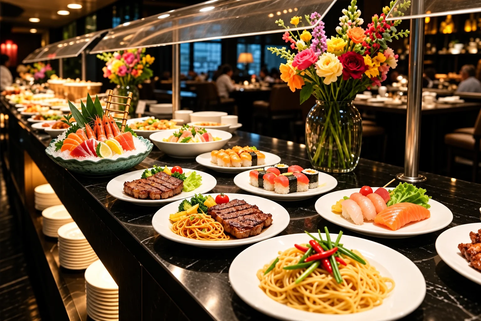 A black marble buffet counter with plates of sashimi on ice, grilled beef, stir-fried noodles, maki and salmon, and a bouquet of flowers.