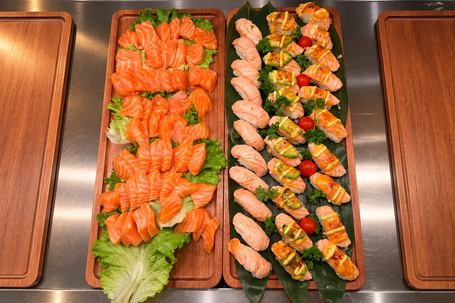 Two wooden boards: slices of salmon sashimi on lettuce leaves, and salmon nigiri, some topped with sauce, on a large green leaf with cherry tomatoes.