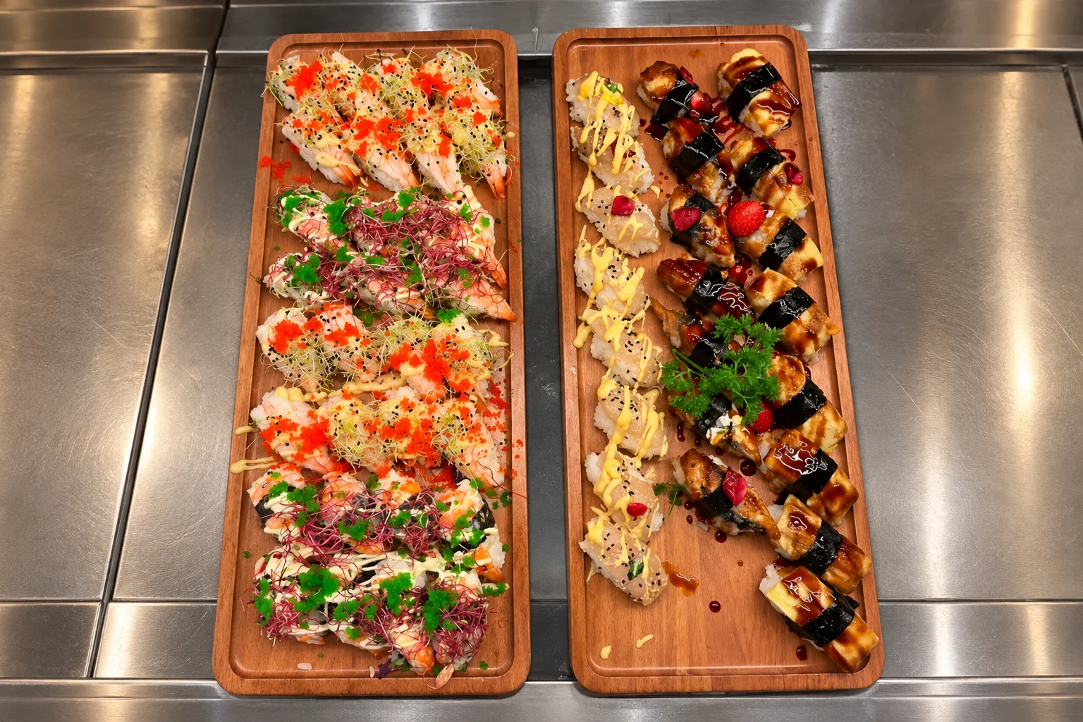 Two wooden boards of topped sushi: one with sushi covered in orange roe, seeds and sprouts, the other with sushi drizzled with creamy sauce and sushi glazed with a brown sauce, wrapped in seaweed.