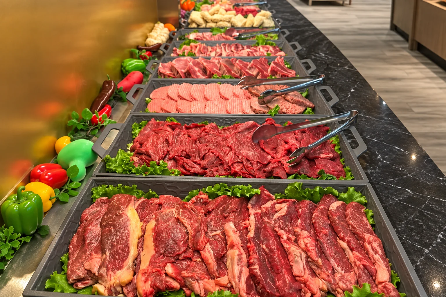 Trays of sliced raw meat with serving tongs, and colourful peppers on the edge of the counter.