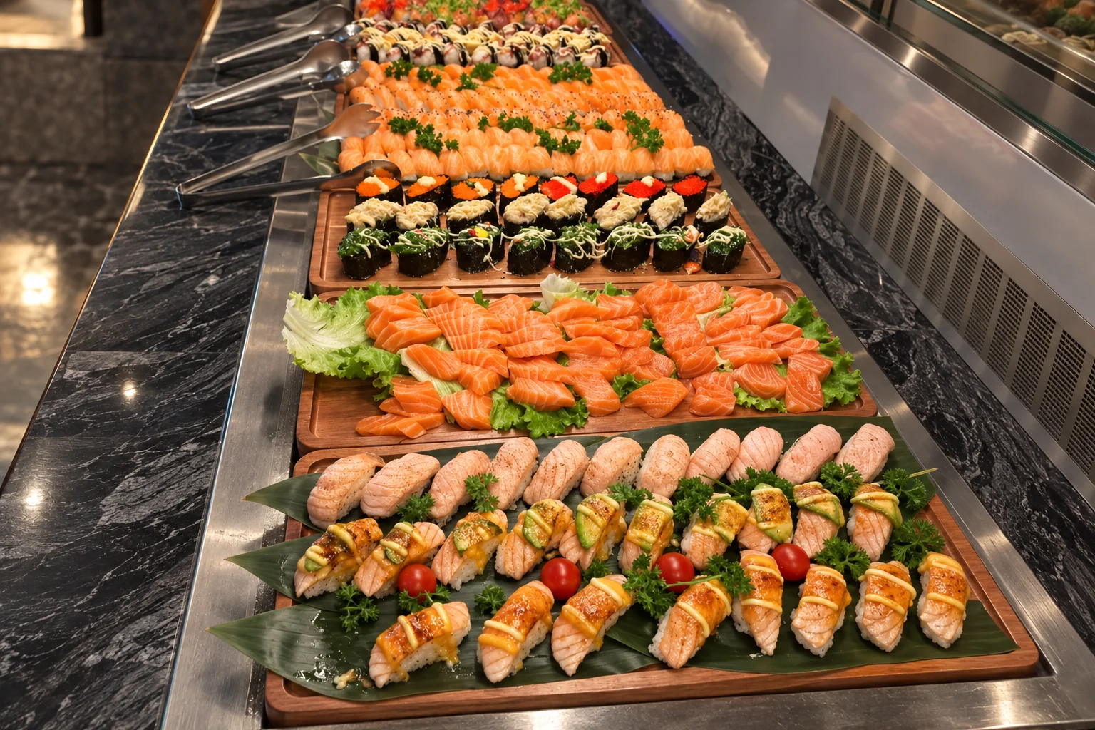 Three wooden boards: salmon nigiri, some topped with sauce, with cherry tomatoes on a green leaf, slices of salmon on lettuce, and small topped maki.