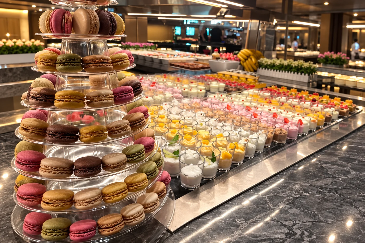 A tower of colourful macarons and rows of dessert cups on the buffet.