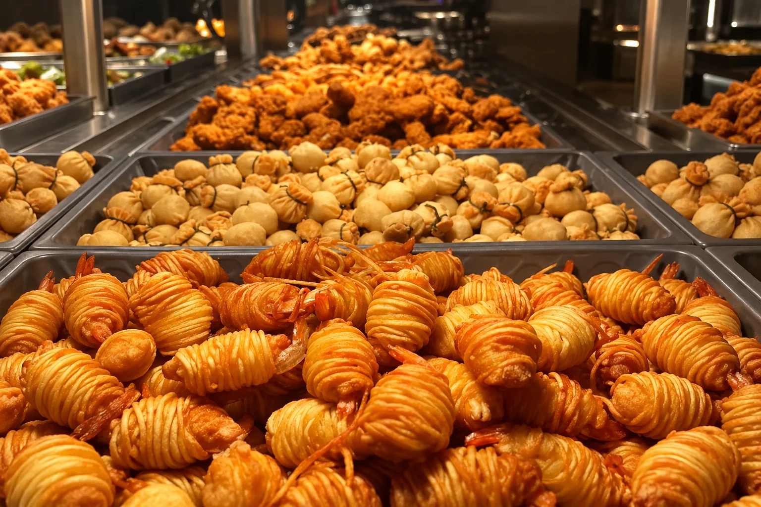 Trays of golden fried food: crispy rolls in the foreground, pale dumplings in the middle, brown fried bites at the back.